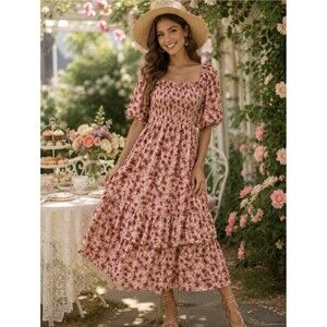 English Factory Floral Smocked Puff Sleeve Midi Dress Cottagecore Garden Party